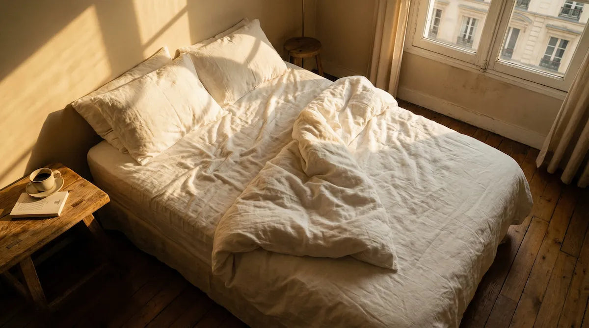 Peaceful morning scene with sunlight across unmade bed and coffee on nightstand