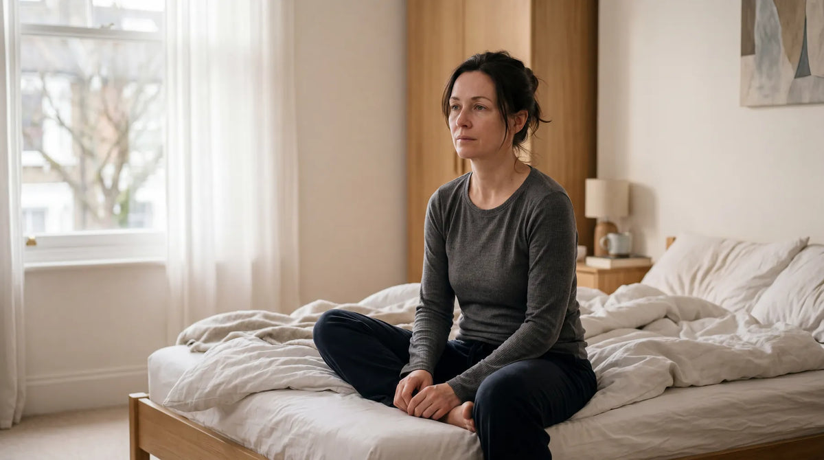 Woman sitting on bed in the morning looking tired after a full night of sleep