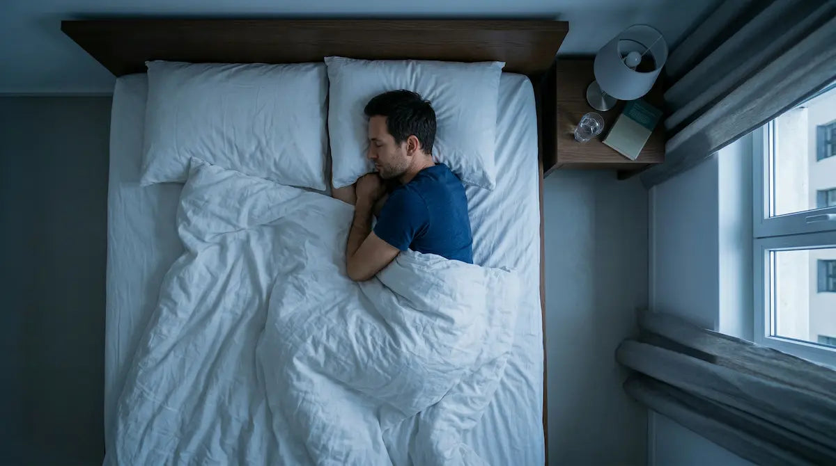 Man sleeping deeply in bed at night during the restorative phases of sleep